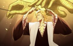 Rule 34 | 1boy, bankai, black kimono, bleach, bleach: sennen kessen-hen, blonde hair, commentary request, fighting stance, frilled kimono, frilled sleeves, frills, from side, hands up, haori, highres, japanese clothes, kimono, kuni 929, long hair, long sleeves, looking ahead, male focus, mature male, ootoribashi roujuurou, parted lips, profile, simple background, smile, solo, sunken cheeks, taichou haori, twitter username, upper body, wide sleeves
