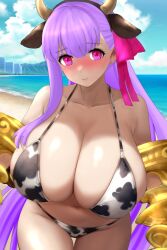 1girl animal_ears animal_print bare_shoulders beach bikini blue_sky blush breasts claw_(weapon) cleavage collarbone cow_ears cow_horns cow_print cow_print_bikini fake_animal_ears fake_horns fate/grand_order fate_(series) hair_ribbon highres horns huge_breasts long_hair looking_at_viewer navel passionlip_(fate) pink_eyes pink_ribbon print_bikini purple_hair raskasar ribbon shore sky solo swimsuit very_long_hair weapon white_bikini