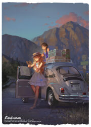 2girls alphonse_(white_datura) bare_shoulders blue_bow blue_sky blush book border bow braid brown_hair brown_ribbon car closed_mouth cloud cloudy_sky criss-cross_halter dress english_text full_body glasses grey_car hair_over_shoulder halterneck hat hat_ribbon high_heel_sandals highres holding holding_book long_hair looking_at_another motor_vehicle mountain multiple_girls original outdoors purple_shirt ribbon road_sign route_66 sandals shirt sign sky smile strappy_heels toes twin_braids vehicle_focus volkswagen_beetle white_border white_dress white_hat white_sandals