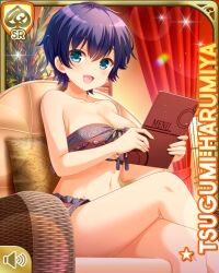 1girl :d aqua_eyes black_bra blank_panties blue_hair bra breasts card_(medium) character_name day girlfriend_(kari) green_eyes harumiya_tsugumi indoors looking_at_viewer midriff navel official_art open_mouth qp:flapper short_hair sitting smile spa tagme tan tomboy underwear