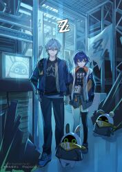 1boy 1girl 2others asymmetrical_legwear bangboo_(zenless_zone_zero) bangboo_6_(zenless_zone_zero) belle_(zenless_zone_zero) black_shirt black_thighhighs blue_hair blue_jacket brother_and_sister closed_mouth commentary_request copyright_name crossed_bangs eous_(zenless_zone_zero) green_eyes grey_hair hair_ornament highres indoors jacket kukatsuma letter_hair_ornament looking_at_viewer multiple_others open_clothes open_jacket shirt shoes short_hair siblings single_thighhigh smile sneakers standing thighhighs turtleneck twitter_username variant_set white_shoes wise_(zenless_zone_zero) zenless_zone_zero