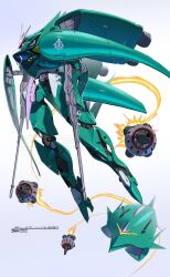 absurdres artist_name beam_rifle bit_(gundam) character_name commentary_request dazzur_(dazzur_system) dual_wielding elmeth energy_gun full_body glowing glowing_eyes grey_background gundam highres holding holding_weapon looking_at_viewer mecha mecha_focus mobile_armor mobile_suit mobile_suit_gundam multiple_views no_humans one-eyed red_eyes redesign robot thrusters transformation watermark weapon zeon