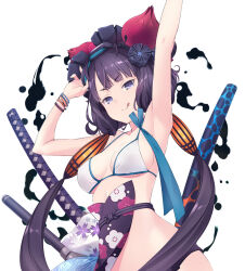 1girl armpits bikini blue_eyes breasts commentary fate/grand_order fate_(series) floral_print flower goggles goggles_on_head hair_flower hair_ornament hand_up highres ink katsushika_hokusai_(fate) katsushika_hokusai_(swimsuit_saber)_(fate) long_hair looking_at_viewer medium_breasts pelvic_curtain purple_hair sakana_(flame_sakana) sash seductive_smile smile solo swim_goggles swimsuit tongue tongue_out twintails white_background white_bikini