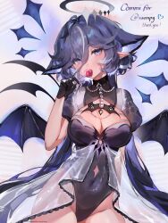 1girl absurdres artist_name bat_wings black_choker black_gloves black_leotard black_wings blue_eyes blue_hair blue_wings breasts candy character_name choker cleavage commentary commission copyright_notice covered_navel cowboy_shot earrings english_commentary english_text food gloves gradient_wings grey_halo grey_streaks halo hand_up heart highleg highleg_leotard highres holding holding_candy holding_food holding_lollipop indie_virtual_youtuber jewelry leotard lollipop long_hair looking_at_viewer lounette multicolored_hair multicolored_wings pearl_earrings pointy_ears shrug_(clothing) solo streaked_hair vaempy_(vtuber) very_long_hair virtual_youtuber wings