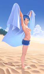 1girl absurdres armpits arms_up barefoot beach beach_towel bikini blue_eyes blue_hair blue_sky breasts cloud commentary denim denim_shorts english_commentary footprints from_side gloamy grin groin highres looking_at_viewer magia_record:_mahou_shoujo_madoka_magica_gaiden mahou_shoujo_madoka_magica medium_breasts miki_sayaka miki_sayaka_(swimsuit_costume) nipples outdoors red_bikini sand short_hair shorts sidelighting sky smile solo standing swimsuit swimsuit_under_clothes thighs topfreedom topless_female towel