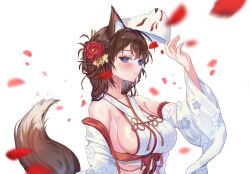 Rule 34 | 1girl, absurdres, animal ears, artist request, bare shoulders, blue eyes, bow, breasts, brown hair, closed mouth, commentary request, commission, crop top, detached sleeves, flower, fox ears, fox mask, fox tail, hair flower, hair ornament, hand up, highres, korean commentary, long hair, looking at viewer, mask, mask on head, midriff, navel, nontraditional miko, original, petals, red bow, revealing clothes, second-party source, shirt, sideboob, simple background, sleeveless, sleeveless shirt, smile, solo, tail, takamiya keika, upper body, white background, white shirt, wide sleeves