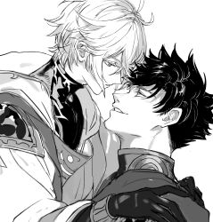 Rule 34 | 2boys, absurdres, belial (granblue fantasy), chinese commentary, commentary request, eye contact, eyelashes, gloves, granblue fantasy, greyscale, hands on another&#039;s shoulders, highres, hood, hood down, hooded robe, long sleeves, looking at another, lucilius (granblue fantasy), male focus, monochrome, multiple boys, parted hair, parted lips, profile, robe, shirt, short hair, short sideburns, simple background, smile, teeth, udgg093577, upper body, white background, yaoi
