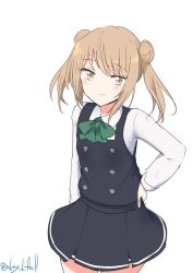 1girl absurdres black_dress bow bowtie breasts brown_eyes brown_hair collared_shirt cowboy_shot donut_hair_bun double_bun dress dress_shirt green_bow green_bowtie hair_bun hand_on_own_hip highres kantai_collection medium_breasts michishio_(kancolle) michishio_kai_ni_(kancolle) one-hour_drawing_challenge pinafore_dress robinson_(day_l_full) shirt simple_background sleeveless sleeveless_dress solo twitter_username white_background white_shirt