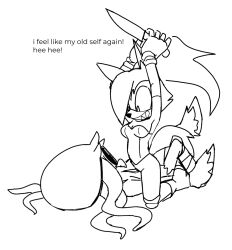 absurdres animal_ears highres impending_death kitchen_knife lineart mimic_the_octopus qqlettuce sharp_teeth sonic_(series) sonic_the_hedgehog_(idw) straddling teeth tentacle_hair whisper_the_wolf