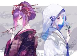 2girls alternate_costume amane_kanata black_kimono blue_hair blue_nails bride colored_inner_hair commentary_request falling flower flower_knot from_side green_eyes grey_background grey_hair hair_bun hand_up highres holding holding_flower hololive japanese_clothes kimono looking_at_viewer multicolored_hair multiple_girls nail_polish nametakeko oiran parted_lips pillarboxed pink_hair pink_lips pink_nails pink_petals purple_eyes purple_hair shiromuku short_hair single_bare_shoulder single_off_shoulder smoking_pipe streaked_hair tokoyami_towa uchikake upper_body virtual_youtuber wataboushi white_flower white_kimono