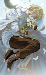 Rule 34 | 1boy, absurdres, black pants, blonde hair, blurry, blurry foreground, bouquet, braid, bridal gauntlets, cape, commentary, curry ytd, falling petals, flower, gold trim, hair between eyes, highres, holding, holding bouquet, light particles, lily (flower), long sleeves, looking at viewer, luca kaneshiro, lying, male focus, nijisanji, nijisanji en, on side, pants, parted bangs, parted lips, petals, purple eyes, shirt, short hair, single braid, solo, stirrup legwear, symbol-only commentary, toeless legwear, toes, virtual youtuber, white cape, white flower, white shirt
