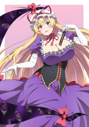 Rule 34 | 1girl, absurdres, blonde hair, blush, breasts, choker, cleavage, corset, dress, elbow gloves, folded fan, folding fan, frills, gap (touhou), gloves, hair between eyes, hair ribbon, hand fan, hat, highres, holding, holding fan, kyoukyan, large breasts, long hair, mob cap, open mouth, pink background, purple dress, purple eyes, ribbon, ribbon choker, short sleeves, smile, solo, touhou, very long hair, white gloves, yakumo yukari