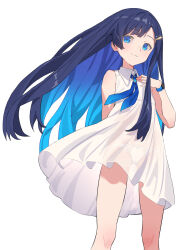 1girl bare_shoulders blue_eyes blue_hair blush cevio collared_dress dress flat_chest futaba_minato highres long_hair looking_at_viewer panties see-through_clothes see-through_dress smile solo underwear very_long_hair white_dress white_panties wind yamamomo_(plank)