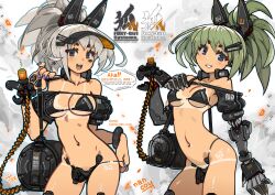 2girls bikini black_bikini blue_eyes blue_nails bracelet breasts cyborg detached_collar english_text green_hair grey_hair hair_ornament hairclip headgear highres jewelry looking_at_viewer mechanical_arms mechanical_ears medium_breasts medium_hair multicolored_eyes multiple_girls nancou_(nankou) navel open_mouth original ponytail shirt short_ponytail small_breasts smile speech_bubble swimsuit tan tanline visor_cap