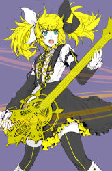 1girl alternate_hairstyle bass_guitar blonde_hair detached_sleeves dress female_focus flat_color green_eyes guitar hair_ornament hair_ribbon hairclip instrument iocus kagamine_rin kagamine_rin_(reactor) long_hair meltdown open_mouth ribbon roshin_yuukai_(vocaloid) solo thighhighs twintails vocaloid zettai_ryouiki zononnu
