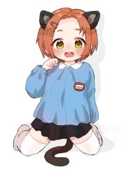 1girl animal_ears black_skirt blue_shirt blush cat_ears cat_tail child forehead hair_ornament hairclip idolmaster idolmaster_cinderella_girls kemonomimi_mode kindergarten_uniform kneeling long_sleeves looking_at_viewer miniskirt nakajima_lupus name_tag open_mouth orange_hair paw_pose ryuzaki_kaoru shirt short_hair simple_background skirt smile solo tail teeth thighhighs upper_teeth_only watermark white_background white_thighhighs yellow_eyes