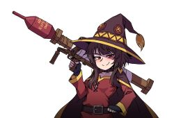 1girl belt belt_collar brown_hair collar english_text fingerless_gloves gloves hat holding holding_rocket_launcher holding_weapon karepack kono_subarashii_sekai_ni_shukufuku_wo! long_sleeves looking_at_viewer megumin panzerfaust_3 red_eyes rocket_launcher simple_background smile solo trigger_discipline weapon white_background witch_hat