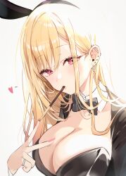 1girl absurdres animal_ears black_bow black_bowtie blonde_hair blush bow bowtie breasts cleavage commentary_request detached_collar ear_piercing earrings fake_animal_ears food food_in_mouth grey_background heart highres jewelry kitagawa_marin large_breasts leotard long_hair looking_at_viewer misyune nail_polish piercing pink_nails playboy_bunny pocky pocky_in_mouth rabbit_ears red_eyes simple_background solo sono_bisque_doll_wa_koi_wo_suru upper_body