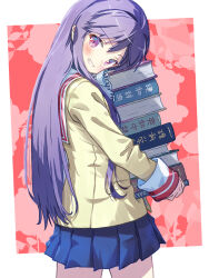 Rule 34 | 1girl, akayama yukihe, blazer, blue skirt, blush, book, book stack, border, clannad, commentary, cowboy shot, from side, fujibayashi kyou, grin, hair between eyes, head tilt, highres, hikarizaka private high school uniform, holding, holding book, jacket, long hair, looking at viewer, miniskirt, outside border, pleated skirt, purple eyes, purple hair, red background, sailor collar, school uniform, serafuku, simple background, skirt, sleeves past wrists, smile, smug, solo, straight hair, very long hair, white border, white sailor collar, yellow jacket