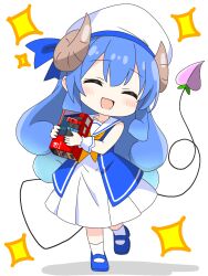 1girl :d ^_^ alternate_hair_color bare_shoulders blue_dress blue_hair blue_ribbon blue_shoes blush brown_horns closed_eyes commentary_request curled_horns curly_hair demon_girl demon_tail dress full_body hat hat_ribbon highres holding horns kotatsu-mazoku lilith_(machikado_mazoku) lilith_(machikado_mazoku)_(homunculus) long_hair looking_at_viewer machikado_mazoku mary_janes neckerchief nintendo_switch open_mouth ribbon sailor_collar sailor_dress shoes sidelocks simple_background sleeveless sleeveless_dress smile socks solo sparkle standing tail white_background white_hat white_sailor_collar white_socks yellow_neckerchief