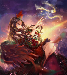 Rule 34 | 1girl, a.tong, animal, backlighting, bare shoulders, beads, bird, bird wings, birdcage, brown hair, cage, circlet, cloud, cloudy sky, cockatiel, crying, crying with eyes open, dreamcatcher, dress, earrings, feather hair ornament, feathered wings, feathers, fire of blood parrot (miracle nikki), floating hair, flying, full body, gown, hair beads, hair ornament, highres, holding, holding cage, jewelry, lipstick, long dress, long hair, long sidelocks, makeup, miracle nikki, nikki (series), outstretched arm, parrot, parted lips, pink eyes, purple sky, reaching, red dress, red lips, red wings, sad, sidelocks, sitting, sky, solo, strapless, strapless dress, sun, sunlight, sunset, tears, town, very long hair, wind, wings