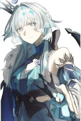 1girl blue_dress blue_eyes blunt_bangs cerydra_(honkai:_star_rail) commentary crown detached_sleeves dress e_miya highres honkai:_star_rail honkai_(series) looking_at_viewer mini_crown simple_background single_bare_shoulder solo upper_body white_background white_hair