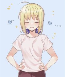 Rule 34 | 1girl, ahoge, alternate costume, artoria pendragon (fate), blonde hair, blue background, blue ribbon, blush, closed eyes, cowboy shot, facing viewer, fate/stay night, fate (series), hands on own hips, highres, ribbon, saber (fate), shirt, shorts, smile, solo, t-shirt, tanka kikurage, white shirt