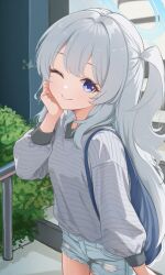 1girl alternate_costume aruhian bag blue_archive blue_halo casual denim denim_shorts halo hand_on_own_cheek hand_on_own_face hand_up highres horizontal-striped_clothes long_hair looking_at_viewer miyako_(blue_archive) one_eye_closed one_side_up purple_eyes shorts solo sparkle white_hair