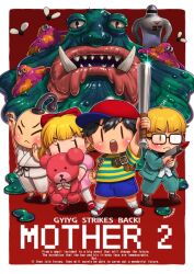 1girl 3boys :&lt; aqua_jacket aqua_pants arm_up artist_name badge bag baseball_bat baseball_cap belt black_belt black_hair blonde_hair blue_shirt blue_shorts blunt_bangs border bow broken_tooth brown_eyes brown_shoes bubble bug closed_eyes closed_mouth commentary copyright_name dougi dress english_text eyelashes fly flying formal_clothes franklin_badge frown glint gun hair_bow hat highres holding holding_baseball_bat holding_gun holding_stuffed_toy holding_weapon insect jacket japanese_clothes jeff_andonuts kainan lips looking_at_another looking_at_viewer mary_janes master_belch metal_baseball_bat mini_barf monster mother_(series) mother_2 multiple_boys ness_(mother_2) nintendo nose nose_hair open_clothes open_jacket open_mouth outside_border pants paula_(mother_2) pink_dress ponytail poo_(mother_2) puffy_short_sleeves puffy_sleeves purple_eyes red_background red_bow red_hat red_shoes sharp_teeth shirt shoes short_hair short_sleeves shorts slime_(creature) sneakers socks spacesuit standing starman_(mother) striped_clothes striped_shirt stuffed_animal stuffed_toy suit teddy_bear teeth thighhighs tusks v-shaped_eyebrows weapon white_border white_shirt white_socks white_thighhighs yellow_shirt |_|
