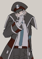 1boy absurdres belt belt_buckle black_coat black_hat black_pants blue_necktie brown_belt buckle ccf2q closed_mouth coat collared_coat collared_shirt cowboy_shot gloves grey_background grey_eyes grey_hair hand_on_own_chin hat high_collar highres ingo_(pokemon) layered_sleeves long_sleeves looking_to_the_side male_focus necktie nintendo pants peaked_cap pokemon pokemon_bw shirt shirt_tucked_in short_hair sideburns sideways_glance simple_background smile solo standing white_gloves white_shirt wing_collar