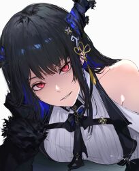 1girl absurdres asymmetrical_horns bare_shoulders black_hair blue_hair breasts highres hololive hololive_english horns kumah_dessu medium_breasts mole mole_under_eye nerissa_ravencroft nerissa_ravencroft_(1st_costume) purple_eyes shirt simple_background solo uneven_horns upper_body virtual_youtuber white_background white_shirt