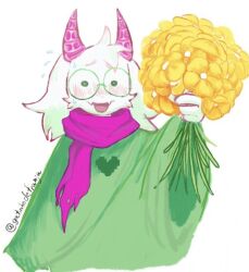 1boy animal_ears artist_name blush cloak commentary deltarune english_commentary fang flower flying_sweatdrops furry furry_male gatodefranja676 goat_boy goat_ears goat_horns green_cloak green_eyes heart holding holding_flower horns looking_at_viewer male_focus open_mouth pink_scarf ralsei round_eyewear scarf skin_fang white_background