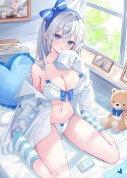 1girl bare_shoulders blue_bow blue_eyes blue_hairband blue_socks blush bow bow_bra bow_panties bra breasts cable cleavage clock collarbone collared_shirt commentary commission crossed_bangs digital_clock digital_media_player hair_between_eyes hair_bow hair_intakes hairband head_tilt heart heart-shaped_pillow highres indoors large_breasts legs light_particles long_hair long_sleeves looking_at_viewer navel off_shoulder original panties parted_lips pelvic_curtain picture_frame pillow rangtori shirt sidelocks sitting sleeves_past_fingers sleeves_past_wrists socks solo stomach striped_clothes striped_socks stuffed_animal stuffed_toy teddy_bear thighs underwear very_long_hair wariza white_bra white_hair white_panties white_shirt window