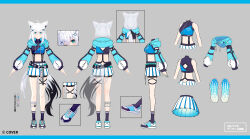 Rule 34 | 1girl, a-pose, ahoge, animal ear fluff, animal ears, back cutout, belt, bike shorts under skirt, black belt, black socks, blue eyes, blue shirt, blue shoes, blue shrug, clothing cutout, copyright name, crop top, crossed bangs, drawstring, fox ears, fox girl, fox tail, grey background, hair between eyes, hair ornament, hair ribbon, hairclip, hololive, hololive gamers fes outfit, hood, hood down, hooded shrug, long hair, low ponytail, multiple views, official alternate costume, official art, pleated skirt, ponytail, reference sheet, ribbon, saine, shirakami fubuki, shirt, shoes, shrug (clothing), skirt, sleeveless, sleeveless shirt, sneakers, socks, straight-on, tag, tail, thigh strap, turnaround, virtual youtuber, white hair, white skirt, x hair ornament