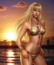 1girl 3d amulet beach bikini blonde_hair breasts cloud cowboy_shot emilie_de_rochefort female_focus fighting highres jewelry long_hair lots_of_jewelry mishima_heihachi mishima_kazuya namco navel necklace ocean official_art outdoors paul_phoenix realistic side-tie_bikini_bottom sky solo standing striped_bikini striped_clothes sunset swimsuit tekken tekken_2 tekken_3 tekken_4 tekken_5_(dark_resurrection) tekken_tag_tournament water