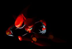 Rule 34 | absurdres, black background, black eyes, darkness, flying, highres, hunched over, joints, knuckles&#039; chaotix, lunging, mecha, metal sonic, metal sonic kai, outstretched arms, red eyes, red footwear, robot, robot joints, sonic (series), sonic the hedgehog (classic), the cal
