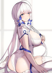 1girl ahoge ass azur_lane bed bedroom blue_eyes blush breast_focus breasts butt_crack closed_mouth commentary_request dress fan feet female_focus flower from_side garter_straps hair_flower hair_ornament hair_ribbon illustrious_(azur_lane) illustrious_(maiden_lily&#039;s_radiance)_(azur_lane) implied_nopan large_breasts long_hair looking_at_viewer mole mole_under_eye on_bed ribbon sidelocks sitting siu_(siu0207) skindentation smile solo thick_thighs thighhighs thighs twintails very_long_hair white_dress white_hair window