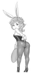 1girl animal_ears ass fake_animal_ears full_body granblue_fantasy greyscale harvin highres leotard leotard_pull looking_back monochrome pantyhose playboy_bunny pointy_ears rabbit_ears sahli_lao short_hair solo transparent_background tray yggsil