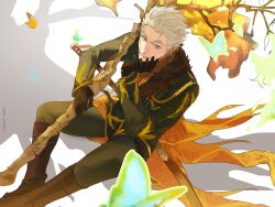 1boy absurdres blue_eyes boots branch bug butterfly facial_scar fate/grand_order fate_(series) from_above fur-trimmed_jacket fur_trim gloves grey_hair hair_slicked_back highres holding holding_branch insect jacket katana long_sleeves ma_koneko male_focus mouth_hold nagakura_shinpachi_(fate) pants scar scar_on_cheek scar_on_face short_hair sitting smile solo stalk_in_mouth sword weapon