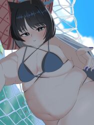 Rule 34 | 1girl, animal ears, belly, big belly, bikini, black bikini, black eyes, black hair, blue archive, blue bikini, blue nails, blush, bob cut, breasts, bright pupils, cat ears, cleavage, fat, fat woman, halo, hammock, kikyou (blue archive), kikyou (swimsuit) (blue archive), kururu0402, layered bikini, lying, navel, on side, outdoors, pillow, short hair, skindentation, sky, small breasts, solo, swimsuit, thick arms, white pupils