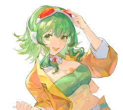 1girl :d arm_up bandeau bingansuan_jiamouren breasts cleavage commentary covered_navel cropped_jacket detached_collar goggles goggles_on_head green_eyes green_hair gumi gumi_(ai_megpoid) headphones highres jacket long_sleeves looking_at_viewer medium_breasts open_clothes open_jacket open_mouth orange_jacket photoshop_(medium) red-tinted_eyewear simple_background smile solo strapless tinted_eyewear tube_top upper_body vocaloid white_background