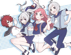 2boys 2girls ahoge alternate_costume androgynous blue_eyes blue_pants blue_shirt blue_shorts brown_eyes commentary_request floating_clothes floating_hair flower_(vocaloid) flower_(vocaloid3) fukase green_eyes grin hair_over_one_eye heterochromia high_ponytail holding_hands loafers locked_arms long_hair looking_at_viewer looking_to_the_side multiple_boys multiple_girls navel pants pink_hair ponytail purple_eyes purple_streaks red_eyes red_hair sailor_collar sailor_shirt sf-a2_miki shirt shoes short_hair shorts simple_background skc smile sneakers suspenders utatane_piko vocaloid white_hair white_shirt white_shorts