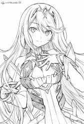 1girl bare_shoulders breasts chest_jewel cleavage cleavage_cutout closed_mouth clothing_cutout commentary_request core_crystal_(xenoblade) dress greyscale highres large_breasts long_hair monochrome mythra_(xenoblade) natsuno_io simple_background sketch smile solo tiara white_background xenoblade_chronicles_(series) xenoblade_chronicles_2