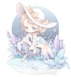 Rule 34 | 1girl, absurdres, asymmetrical sidelocks, bare shoulders, bead necklace, beads, blonde hair, blue dress, blue eyes, bow, bug, butterfly, chibi, china dress, chinese clothes, circle, collared dress, colored eyelashes, dot nose, dress, earrings, fish, floral print, flower, fringe trim, gloves, hair beads, hair bun, hair ornament, hair over shoulder, hand fan, hat, hat bow, highres, holding, holding fan, infinity nikki, insect, jewelry, lace, lace gloves, light blush, light particles, long hair, mandarin collar, misty poetics (infinity nikki), necklace, nikki (series), nuli de chengzhi er, on rock, parted lips, pelvic curtain, pond, purple flower, ripples, see-through clothes, see-through shawl, shawl, single hair bun, single side bun, sitting, sleeveless, sleeveless dress, solo, sphere earrings, sun hat, tuanshan, white background, white gloves, white hat, white shawl, wisteria, yellow bow