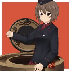 1girl absurdres artist_logo black_hat black_jacket breasts brown_eyes brown_hair closed_mouth cross dress_shirt garrison_cap girls_und_panzer hat hatch highres holding iron_cross jacket kuromorimine_military_uniform large_breasts logo military military_hat military_jacket military_uniform military_vehicle miniskirt motor_vehicle nishizumi_maho on_tank open_hatch picker53 pleated_skirt red_background red_shirt red_skirt shirt short_hair signature simple_background skirt solo tank tank_turret tiger_i two-tone_background upper_body