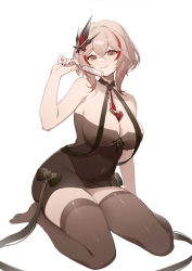 1girl absurdres alcohol azur_lane bare_shoulders breasts brown_dress brown_eyes brown_thighhighs cleavage commentary covered_navel dress evening_gown hair_ornament halter_dress halterneck highres large_breasts looking_at_viewer multicolored_hair official_alternate_costume pouring pouring_onto_self red_hair red_wine roon_(azur_lane) roon_(viridescent_lullaby)_(azur_lane) shibuya_(kurokamishain) short_hair solo streaked_hair thighhighs tight_clothes tight_dress two-tone_hair wine zettai_ryouiki