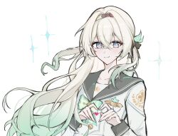 1girl black_hairband commentary_request firefly_(honkai:_star_rail) firefly_(spring_missive)_(honkai:_star_rail) gradient_hair green_hair grey_hair grey_sailor_collar hairband heart heart_hands honkai:_star_rail honkai_(series) long_hair long_sleeves looking_at_viewer multicolored_hair official_alternate_costume purple_eyes sailor_collar shirt simple_background smile solo souri_10244 two-tone_hair upper_body white_background white_shirt