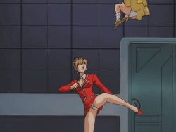 1990s_(style) 2girls agent_aika aika_(series) animated animated_gif ass black_hair bobby_socks breasts delmo dress female_focus fighting golden_delmo high_heels jumping kicking latex legs long_hair midair miniskirt multiple_girls panties pantyshot retro_artstyle rie_petoriyacowa short_dress short_hair skin_tight skirt smile socks sumeragi_aika underwear white_legwear white_panties