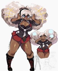 1girl afro afro_puffs bear_hair_ornament black_hairband black_headband blonde_hair breasts calf_boots citrusflower25 cleavage danganronpa_(series) danganronpa_another_episode:_ultra_despair_girls dark-skinned_female dark_skin female_focus grey_eyes hair_ornament hairband hands_up headband highres large_breasts multiple_views open_mouth pleated_skirt red_skirt second_generation_enoshima_junko signature simple_background skirt solo teeth thick_thighs thighs upper_teeth_only white_background