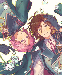 2boys amolajinzza antenna_hair arm_up black_gloves brown_hair closed_mouth coat coat_on_shoulders collared_shirt double_face_(ensemble_stars!) ensemble_stars! expressionless falling_petals flower from_above gloves green_coat green_outline hair_between_eyes hand_on_own_head lapels long_sleeves looking_at_viewer lying male_focus mikejima_madara multiple_boys on_back open_clothes open_coat oukawa_kohaku outline petals pink_hair rotational_symmetry shirt smile split_mouth white_flower white_petals white_shirt wing_collar